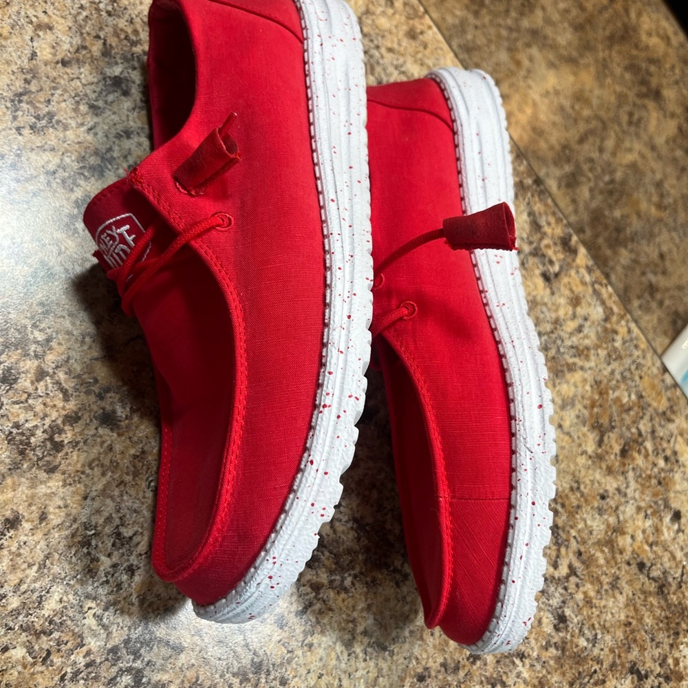 Hey Dude Red and White Slip-On Loafers
